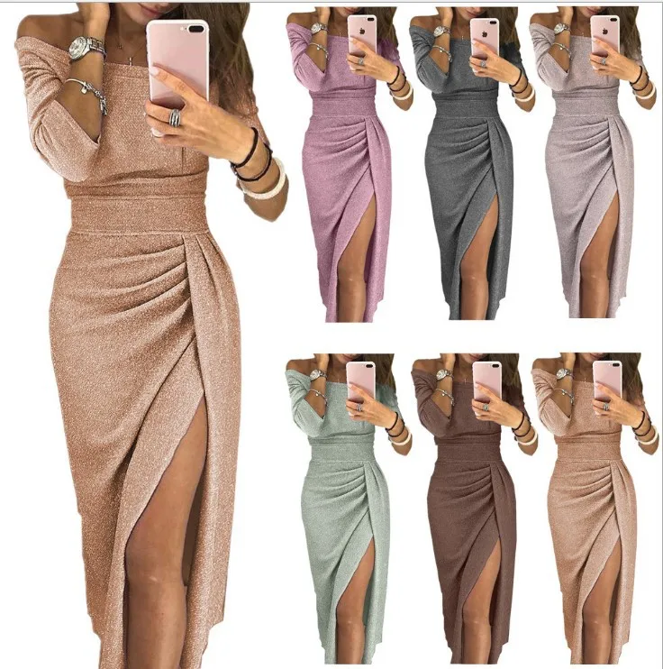 

Slit Slash-neck Dress Women Sparkling Slim Long Dress Summer Korean Fashion Dinner Dress Bodycon Solid Women Dresses Vestidos