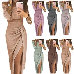 Slit Slash-neck Dress Women Sparkling Slim Long Dress Summer Korean Fashion Dinner Dress Bodycon Solid Women Dresses Vestidos