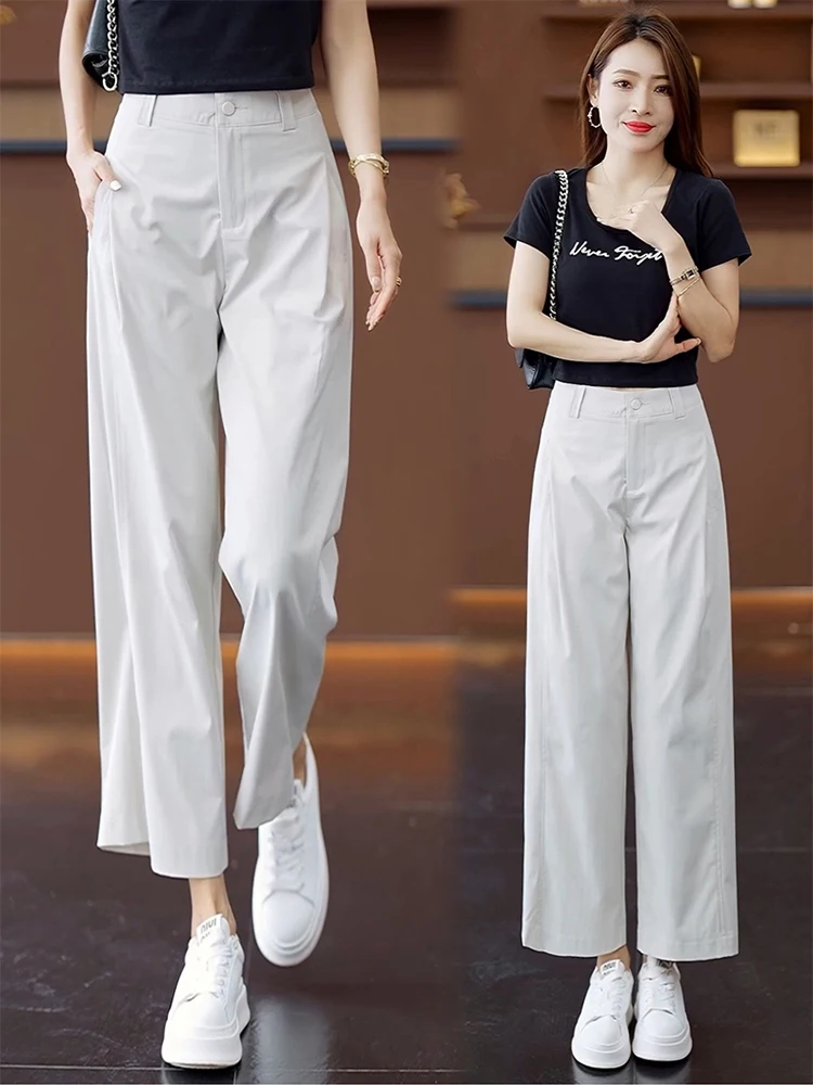 

High Waist Wide Leg Pants Women's Summer Thin Nine Points Slimming Casual Straight Cut Pants Korean Style Commute Fashion