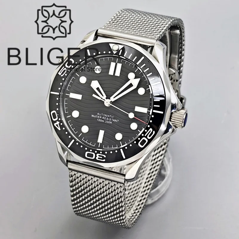 BLIGER BN007 NH35 Automatic Movement 41mm Men\'S Dive Watches Ceramic Bezel Domed Sapphire C3 luminous 100M Waterproof SolidSteel