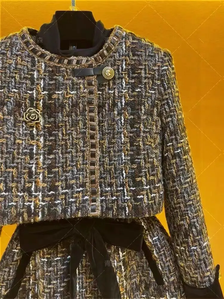 Giacca da donna elegante Chic in Tweed cappotto e abito senza maniche Set di due pezzi completo coordinato abbigliamento da festa in Tweed Jacquard