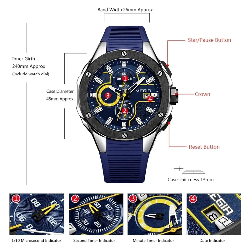 MEGIR 2053 Men's Quartz Watches Luminous Sports Chronograph Date Waterproof Silicone Strap Multifunctional Wristwatch for Man