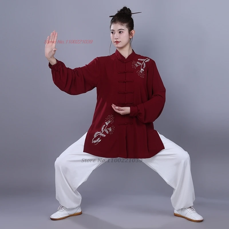 

2024 chinese traditional tai chi wushu uniform flower embroidery kungfu sport training morning exercise walking martial arts set