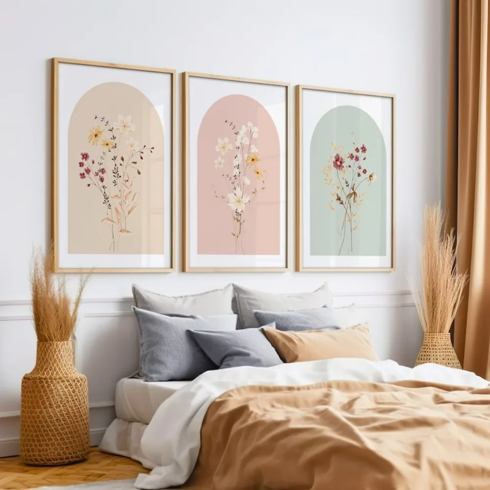 A Set of 3 Watercolor Flower Prints,wildflower Art,simple Modern Home Decoration,Bohemian Bouquet,frameless Canvas Painting