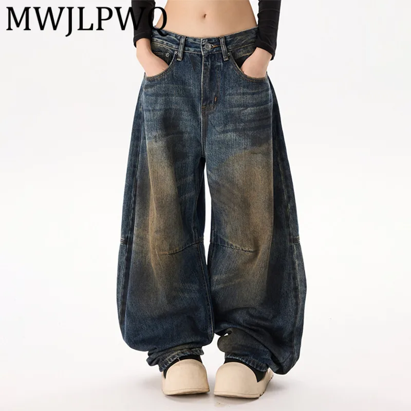 

MWJLPWQ Black Unisex Tie-Dye Wide-Leg Floor-Length Denim Pants Vintage Versatile Loose Fit Jeans For Men Washed Trousers 12153