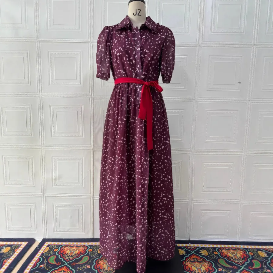 Abito da donna Abaya Abiti da festa Jalabiya Musulmano Estate Stampa floreale Abiti Lace Up Eid Robe Ramadan Dubai Abaya Caftano