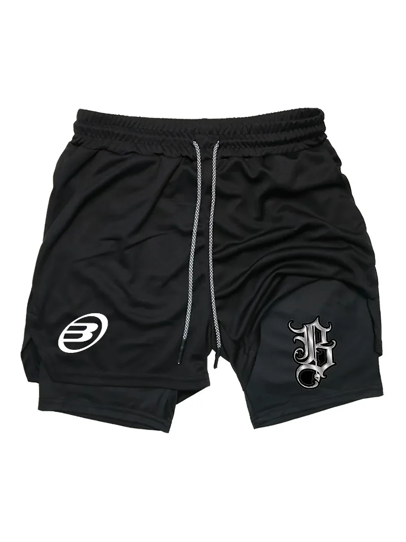 Men'S Quick-Dry Athletic Shorts Summer GYM High-Elasticity Mesh with Print Design Breathable Running with Pockets 2in1 Joggers
