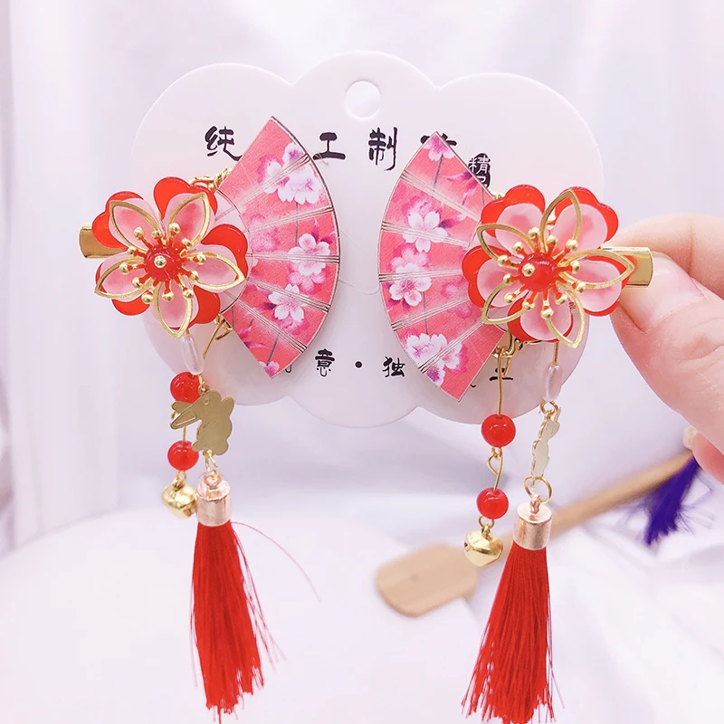 Japanese Hair Accessories Fan Tassel Hairpin Vintage Headwear Hanfu Decoration For Children Girl Flowers Hair Clip