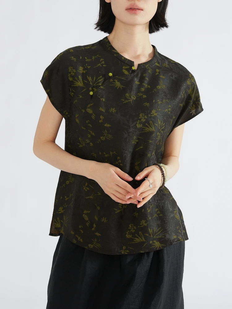 

thque Original Design Silk Top ort Sve Embroidered True Silk Fraance Cloud Cloth Stand Collar Summer Faion Women's...