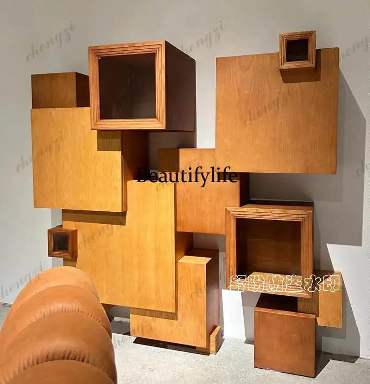 Retro Nordic solid wood bookcase bookshelf medieval shelf dining side cabinet creative building block display