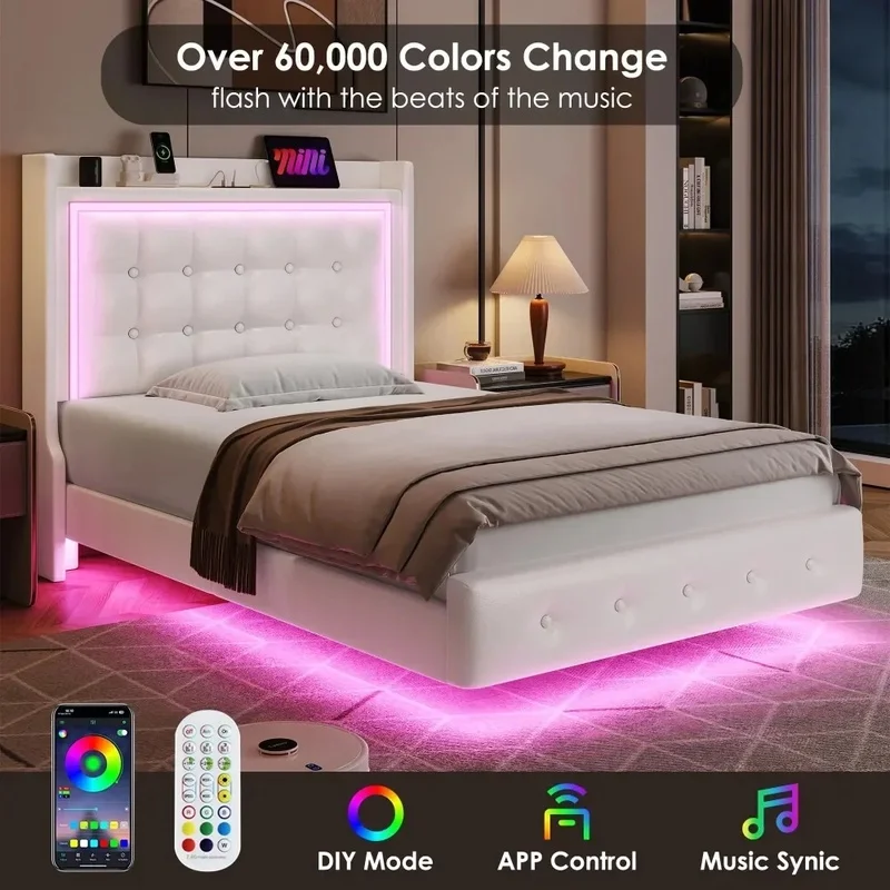 

Twin Floating Bed with LED Lights, Charging Station, Modern PU Upholstered Platform, Storage Headboard, White
