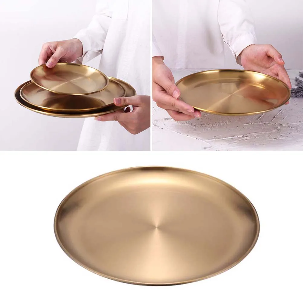 

Golden Jewelry Plate Stainless Steel Food Serving Tray Restaurant Cutlery Accessories Round Shape Bread Nuts Dessert