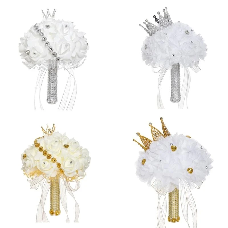 Wedding Bridal Bouquet Artificial Flower Bridesmaids Bouquet Silk Bride Holding Flower with Diamond Crown for Engagement 15UB