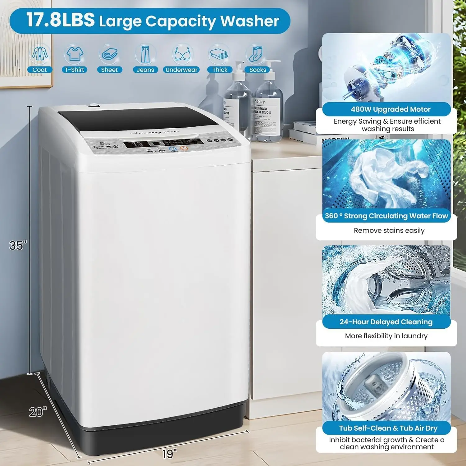 Portable Washing Machine, Full Automatic Compact Portable Washer and Spinner Combo, 17.8Lbs 2.4 Cu.ft Washing Machine for Apartm
