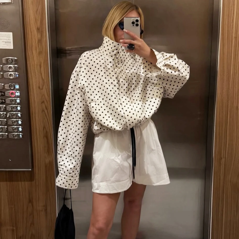 Talenza Elegant Polka Dot Jacket Women Autumn Standing Collar Drawstring Contrast Casual Coats Streetwear Female Chic Outwear