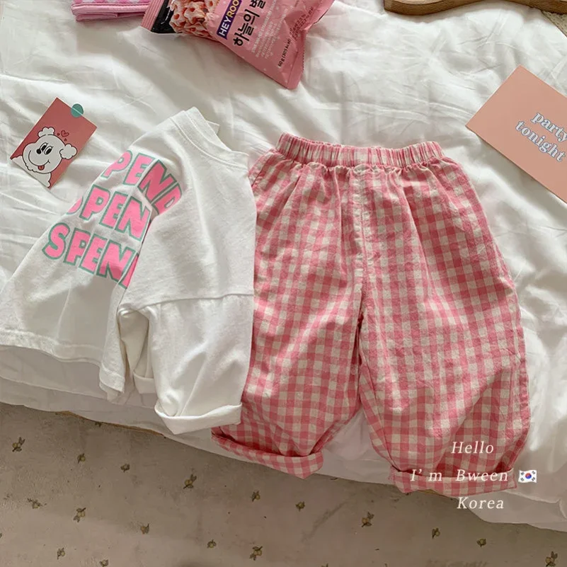 2024 Summer Little Girls Children Clothing Two 2 Piece Set T Shirt Top+Pants Plaid Baby Clothes Kids Birthday Outfits clothes