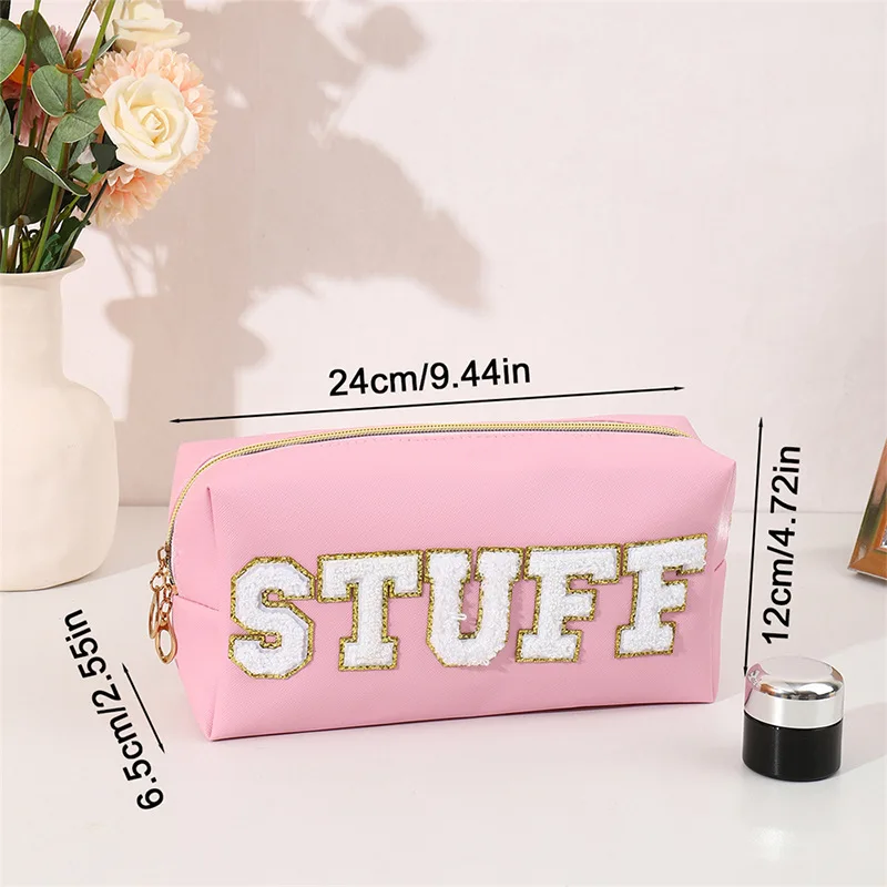 Folding Cosmetics Bag Letter Patches PU Leather Makeup Bag Fashion Make Up Organizer Large Capacity Waterproof Toiletries Bags