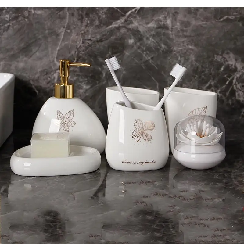 

Leaf Print Ceramic Gargle Cup Toothbrush Holder Soap Dish Soap Dispenser Bathroom Accessories Set with Pvc Cotton Swab Box