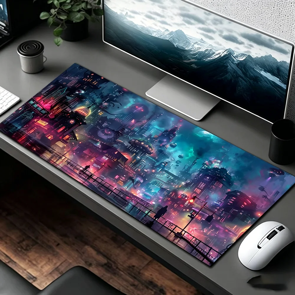 Cyberpunk Neon Futuristic City Gaming Mouse Pad Large Desk Mat Non-slip Lock Edge Keyboard Pad Anime Sci-Fi Computer Mouse Mat