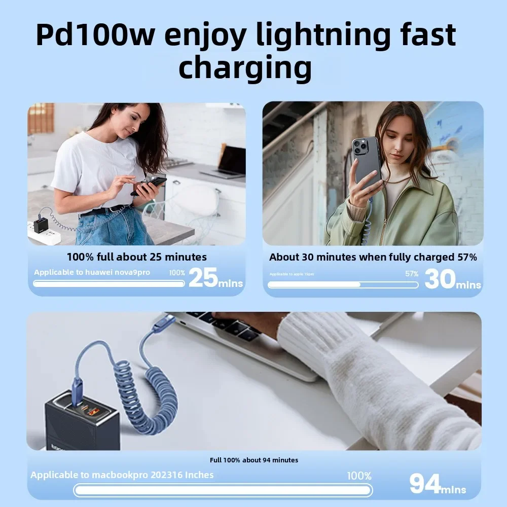 100W USB C To USB Type Cable Spring Telescopic Car Phone Charger Type C Cable For Macbook iPhone 15 Samsung Huawei Xiaomi
