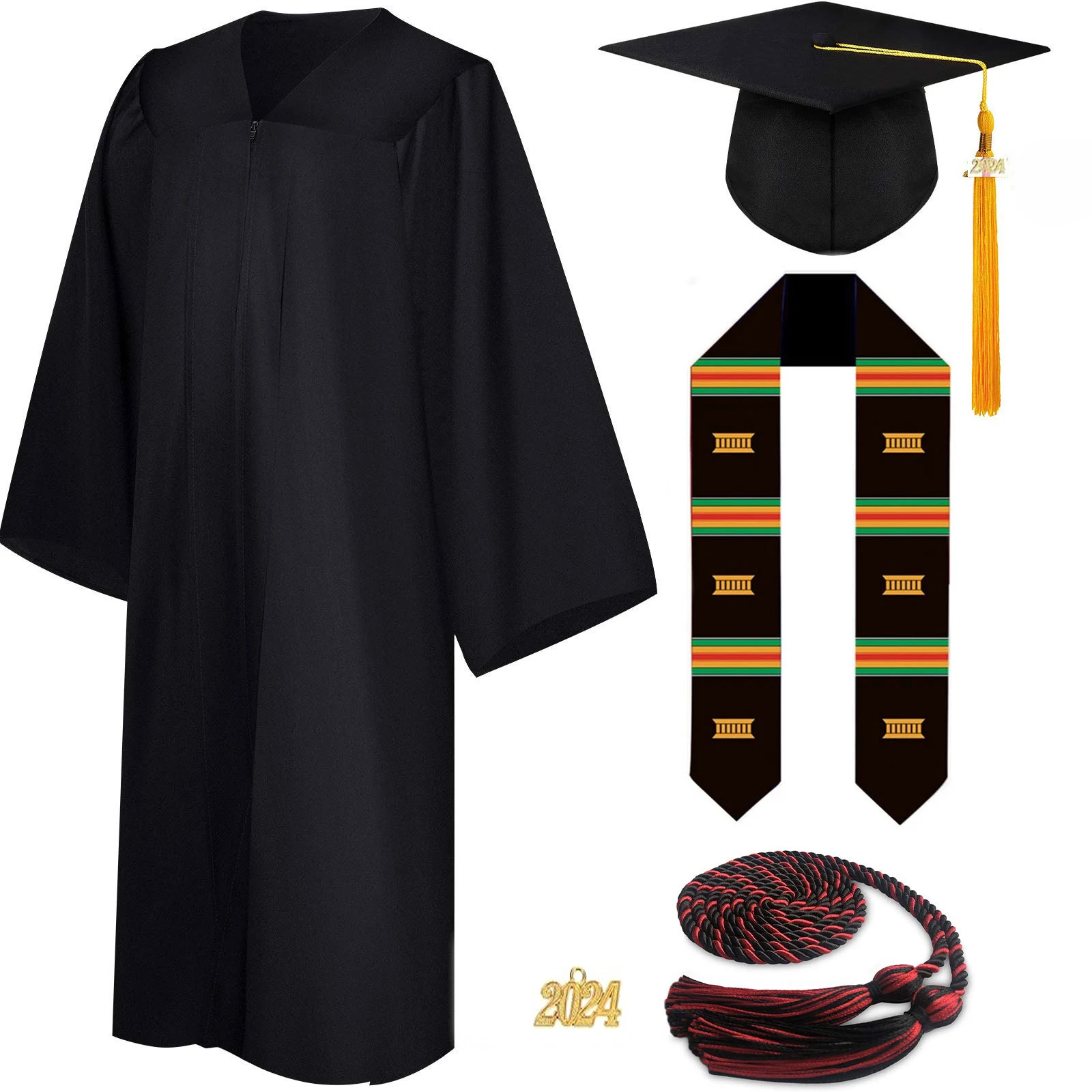 4 Pieces 2024 Unisex Graduation Matte Gown Cap Tassel Stole Set Honor Cord 2024 Charm for Graduation Women Men