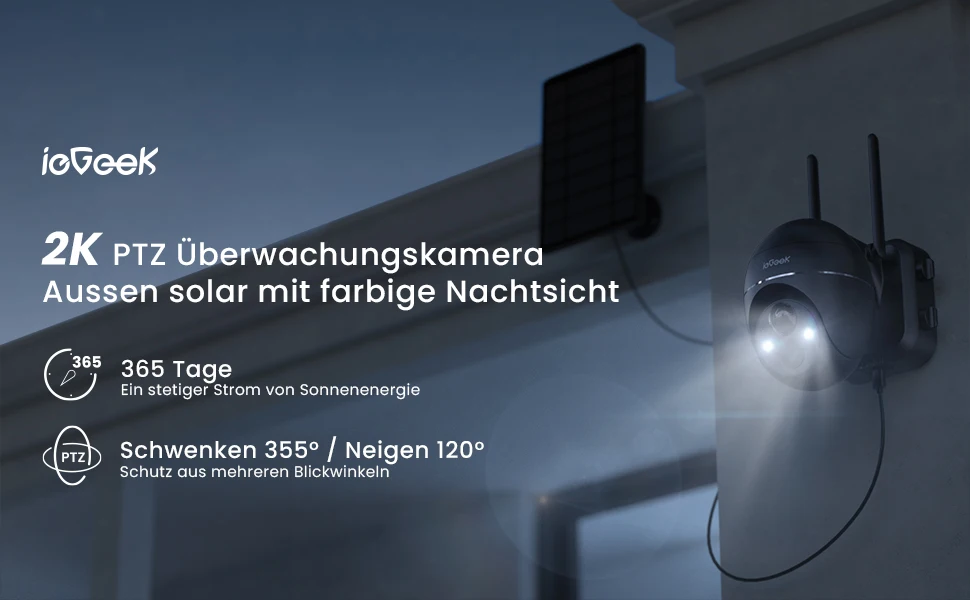 IeGeek 2K Solar Surveillance Camera Outdoor Battery, 355°/140° Pan Tilt Wireless Surveillance Camera with Colour Night Vision