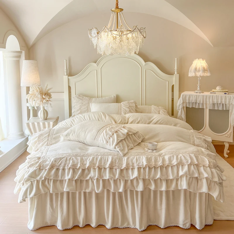 Romantic Three Layer Lace Ruffles Velvet Winter Warm Thickened Princess Bedding Set Duvet Cover Bed Skirt Pillowcases 4Pcs