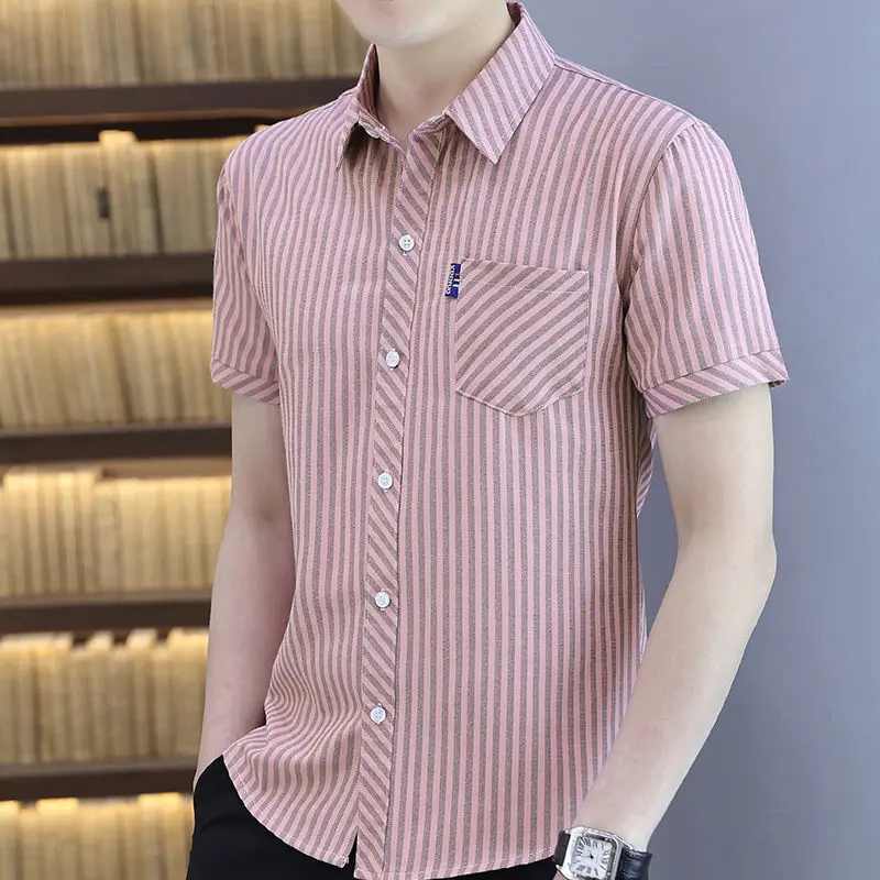 Fashion Men\'s Casual Striped Printed Button Shirt Trend Fashionable Short Sleeve Turn-down Collar Shirts Summer Male Clothes