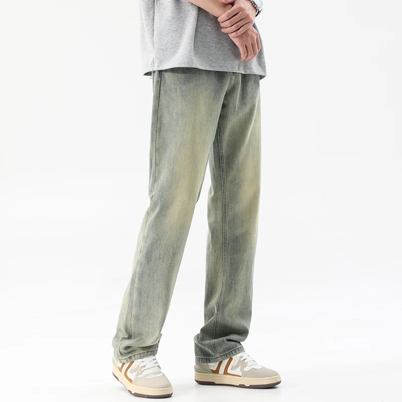 2024 Spring and Summer All-Match Yellow Mud Dyed Washed Worn Jeans Men's Korean Fashion Stretch Retro Straight Tall Trousers