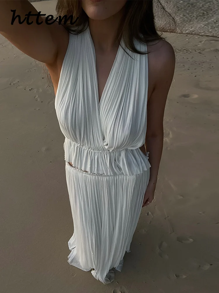 

Sexy Backless Halter Vest Skirt Sets Women Beach Lace Up Tops Pleated Elastic Waist Long Skirts 2025 Summer Lady Vacation Outfit