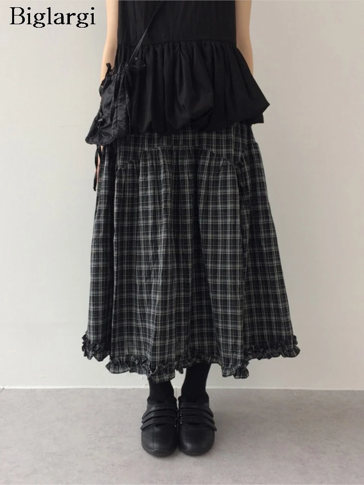 

Summer Plaid Print Skirt Women Ruffle Pleated Loose Korean Style Fashion Ladies Skirts High Waist Woman Long Skirt