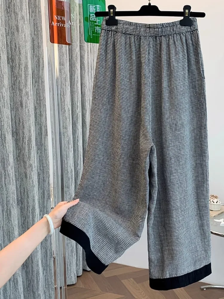 3218 Pantaloni di lino scozzesi vintage moda estiva Pantaloni dritti casual larghi in vita stile coreano moda estiva da donna