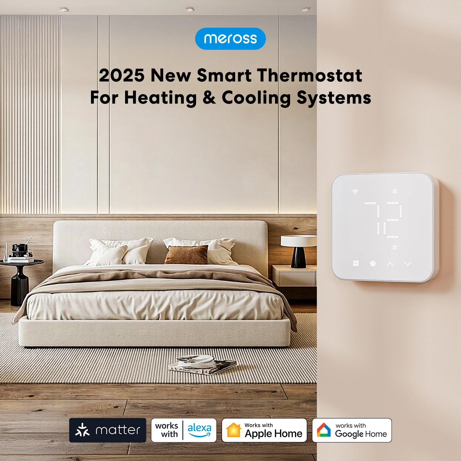 Meross 2025 جديد Matter Smart US 24V Wi-Fi ترموستات متوافق مع أنظمة التدفئة والتبريد الشحن من الولايات المتحدة