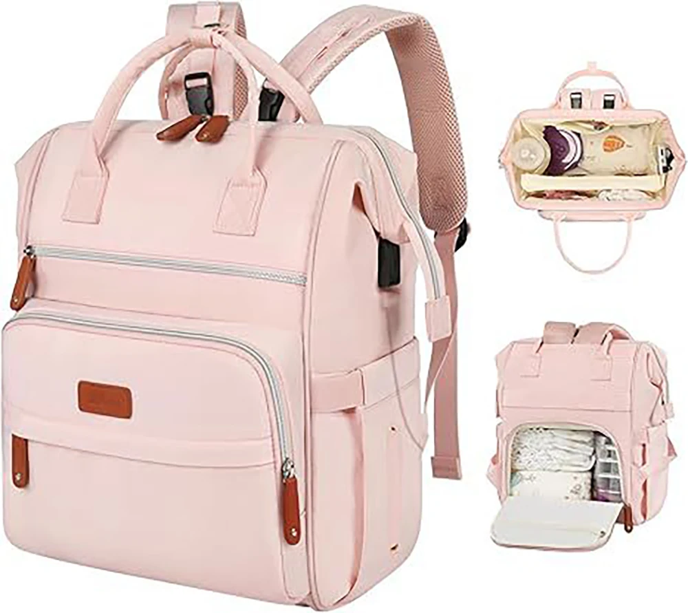 Diaper Bag Light Beige Faux Leather Elegant Flip-Top Dual-Carry Multi-Compartment Sleek Mom Baby Daily Care