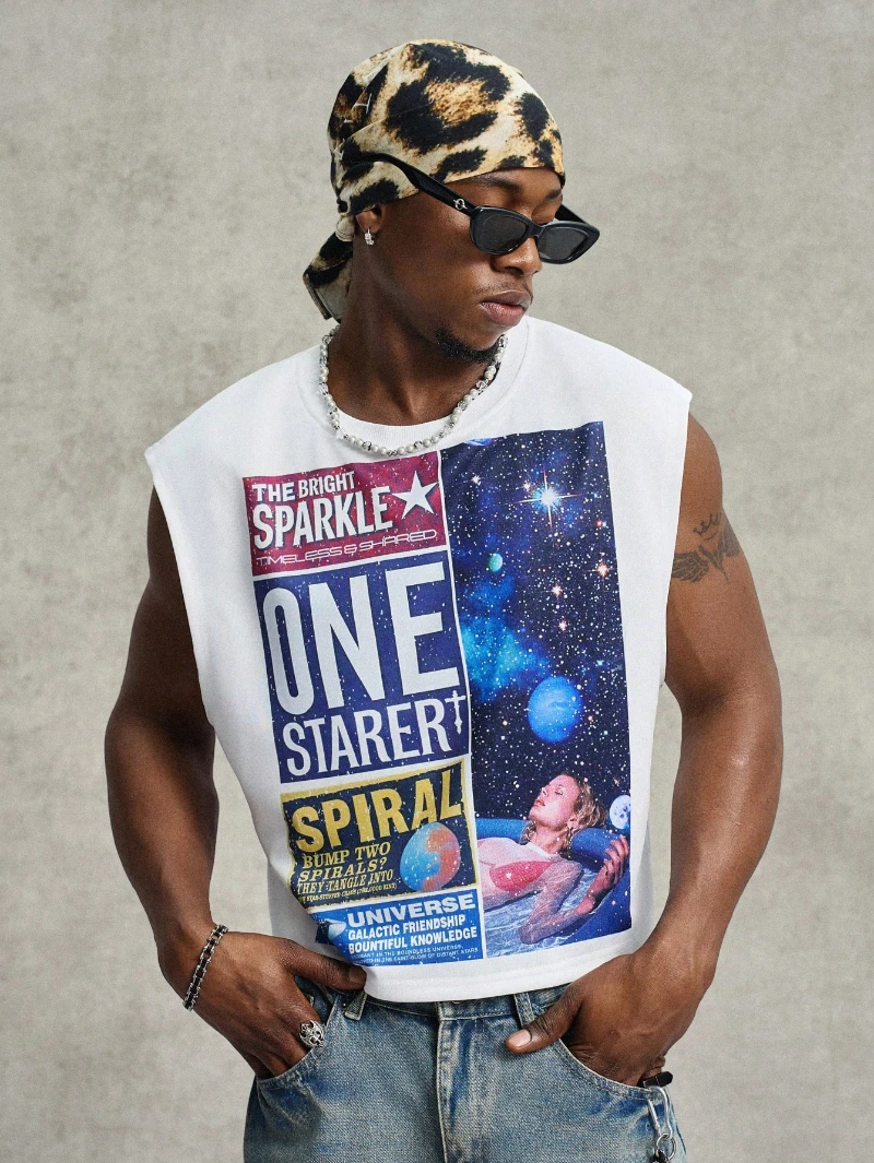 Men's Vintage American Style Loose Cropped Tank Top Space Tshirt Graphic Tee Graphic Tees for Men Rapper T Shirt Tshirt