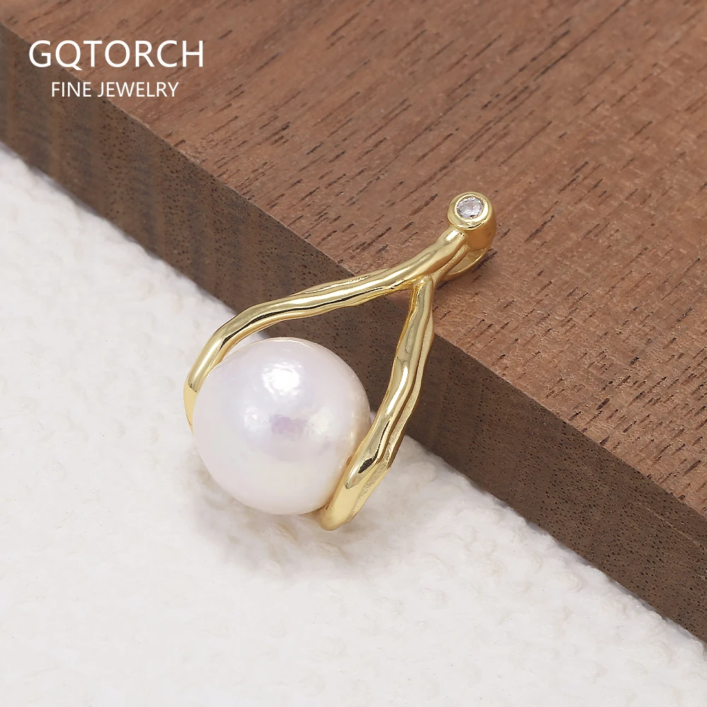 

925 Sterling Silver Natural Freshwater Pearl Pendant for Women Gold Plated Geometric Simple Elegant Fashion Jewelry