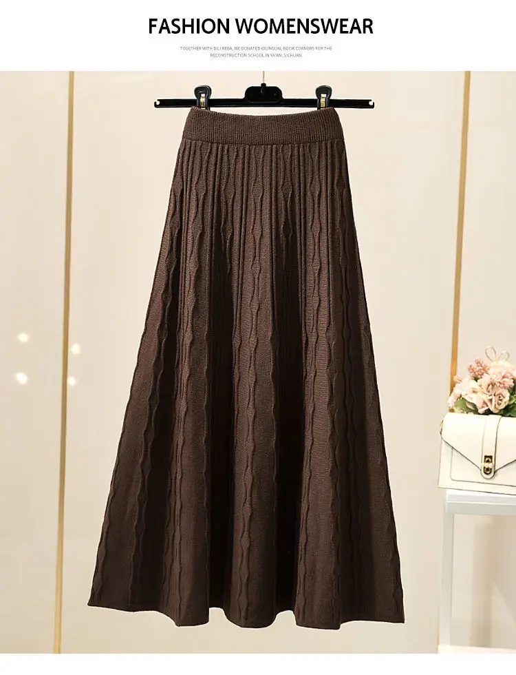 Solid color mid-length skirt women spring and autumn high waist thin knitted skirt a-line swing winter skirt wool long skirt