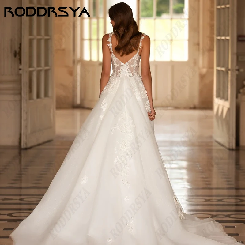 RODDRSYA Sexy V-Neck Backless Wedding Dress For Women Romantic Tulle  Spaghetti Straps Bride Party A-line Sleeveless Bridal Gown