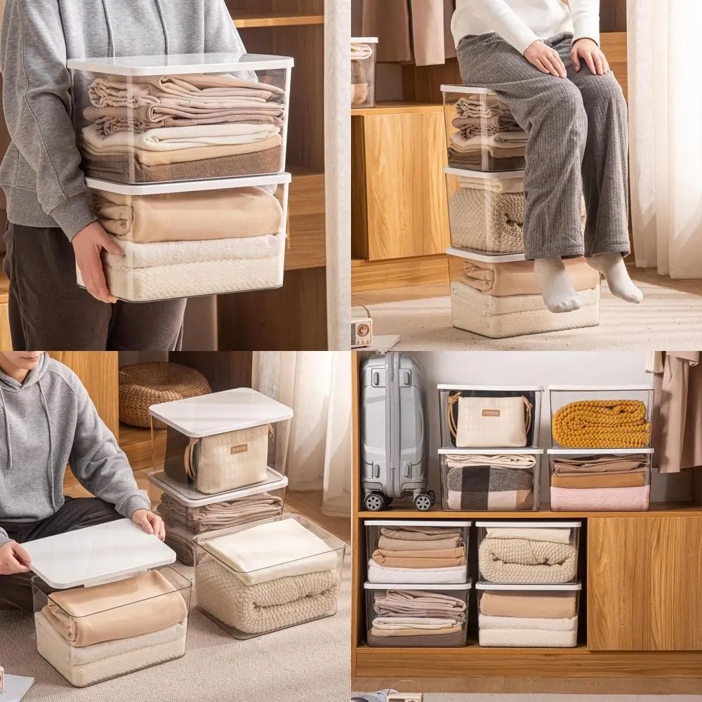 

Большие прозрачные пластиковые контейнеры для хранения с белыми крышками — штабелируемые контейнеры XL для шкафов, одежды, игрушек, книг