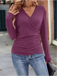 Black Casual V-neck Long Sleeved Pleated Solid Color T-shirt Women's High Street Fashion Dating Versatile Autumn Elegant Top