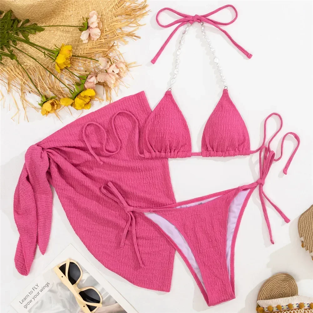Traje de baño con cuello Halter y cordón de perlas para mujer, conjuntos de Bikinis con cubierta, microtanga de 3 piezas, traje de baño Sexy, traje de baño, Bikini, ropa de playa