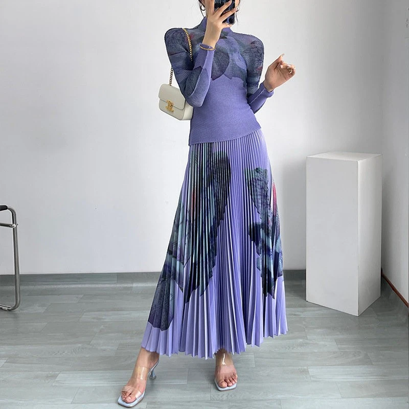 

Miyake Pleated Dress Two-Piece Casual Fashion Top + Elegant Pleated Skirt Dress Set 2023 Autumn And Winter Flower Print Set