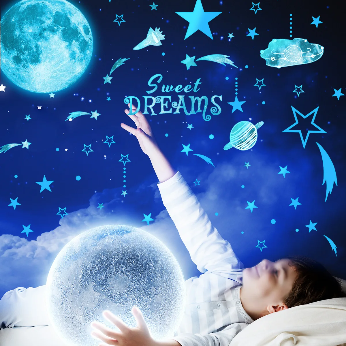 Luminous Blue Moon Stars Wall Sticker Glow in The Dark Decals Children's Room Bedroom Fluorescent Sticker Kids Room Decoration