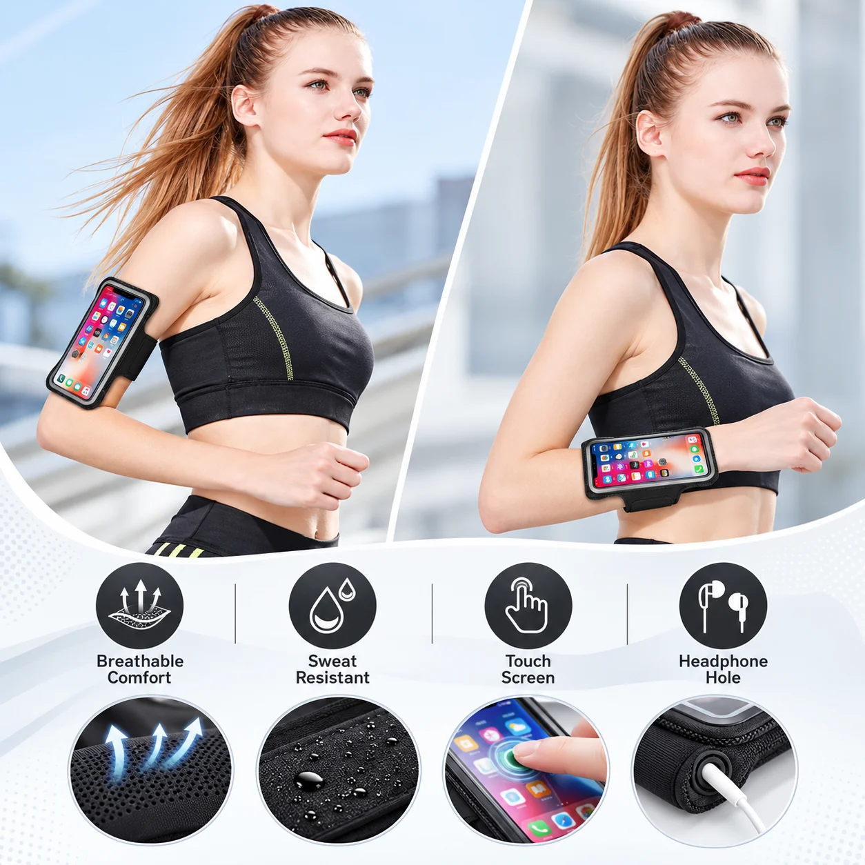 6.5 Inch Sports Phone Armband for Men and Women, Sweat Resistant Touchscreen Holder with Wrist Strap for Running Gym Fitness