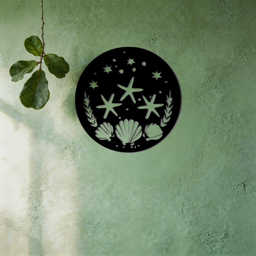 CIFBUY Wrought Iron Starfish Ocean Wall Decor Nautical Seaside Marine Round Metal Art, Black Cutout Hanging Ornament for Bathroo