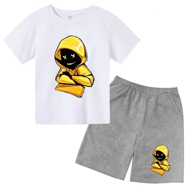 

Summer Children Cartoon Pattern Printed T shirt Fashion Casual O-Neck Short Sleeved Tops+Loose Beach Casual Short Pants Suits