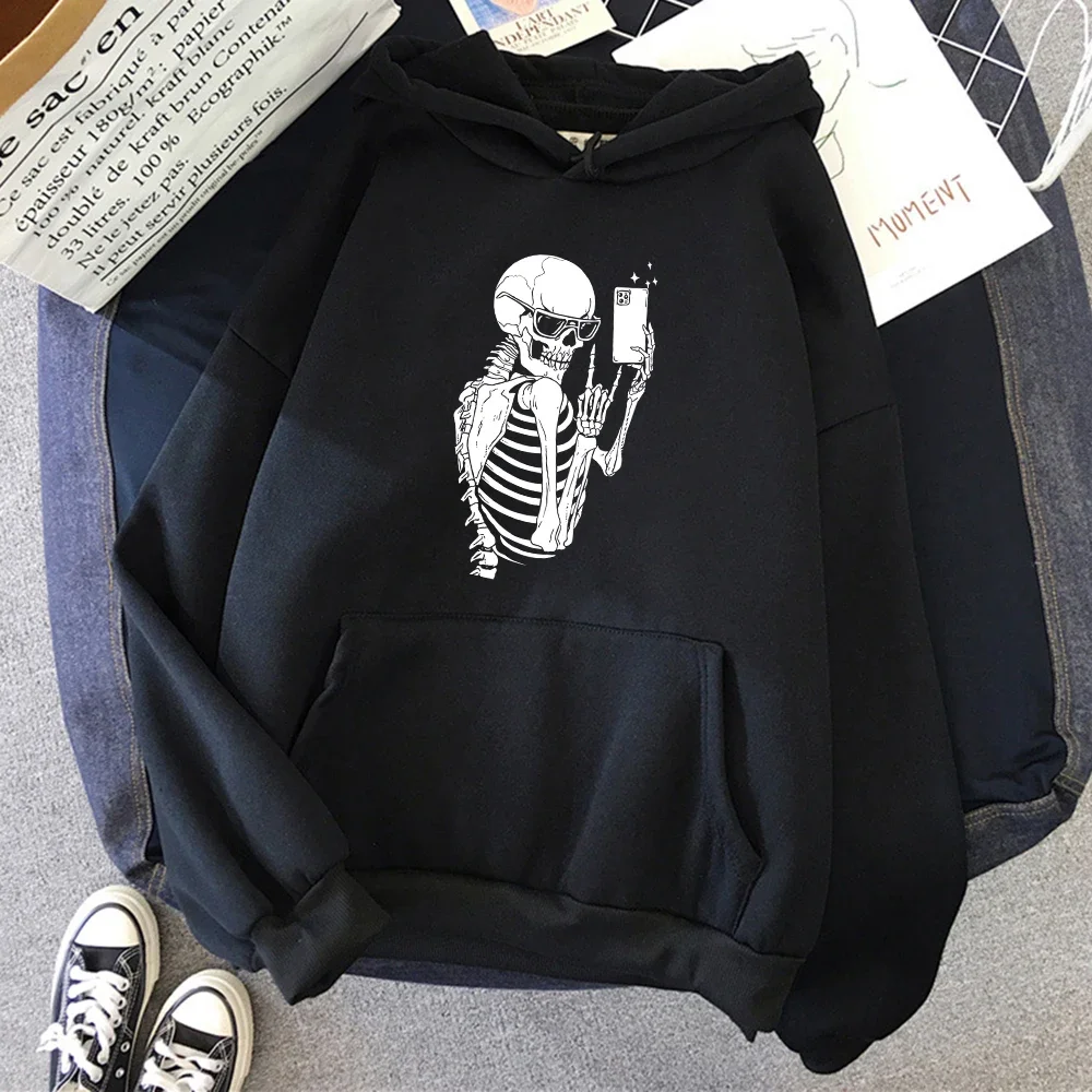 Plus Size Skeleton : Watch My Cool Selfie Pattern Hoody Women Man Crewneck Fleece Clothing Autumn Winter Hoodie Hoodies