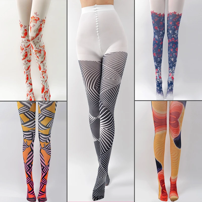 Women Newest Tights Harajuku Lolita Tattoo Pantyhose Kawaii Cute Carp Gradient Pattern Stockings Women Preppy Style Pantyhoses