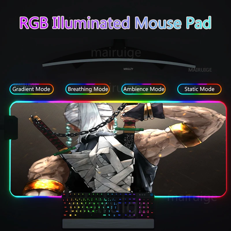 uzui tengen rgb led mouse pad daki jogos acessorios gamer tapete do rato teclado esteiras de mesa demonio slayer xxl tapete grande mousepad 01