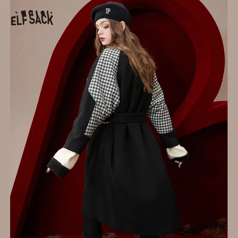 ELFSACK Black Spliced Wool Coats Women 2022 Winter Mid-length Outwears